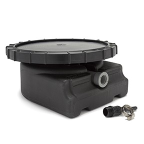 A black plastic container with a screw on top of it.