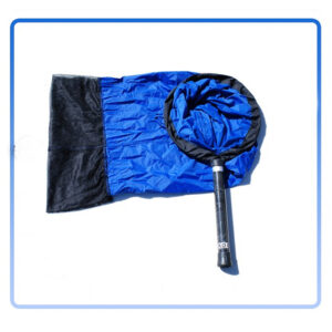 A blue and black bag with a magnifying glass on it.